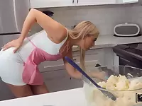 Sexy young housewife Blake Blossom is cooking and sucking a big hard penis